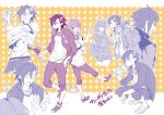  1boy 1girl abs baozi blush bottle capri_pants chain_necklace clapping clothes_lift fate/grand_order fate_(series) flag food fujimaru_ritsuka_(female) hand_on_own_hip holding holding_bottle holding_flag jacket jewelry kotobuki_toro mandricardo_(fate) monochrome multicolored_hair multiple_views necklace necktie open_clothes open_jacket pants plaid plaid_scarf pleated_skirt scarf sharing_food shirt_lift short_hair skirt squatting streaked_hair sweatdrop toned toned_male translation_request 