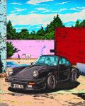  car cloud highres horse motor_vehicle no_humans original people porsche porsche_911 porsche_930 rudcef shadow sky sports_car tree vehicle_focus western_comics_(style) 