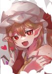  1girl absurdres ascot blonde_hair flandre_scarlet hat hat_ribbon heart highres mob_cap open_mouth pointy_ears red_eyes red_ribbon ribbon rokka937 saliva saliva_trail single_bare_shoulder solo touhou upper_body user_pxaw4585 yellow_ascot 