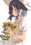  1girl absurdres blue_hair collarbone floating_hair flower haruyuki_(gffewuoutgblubh) hat highres holding holding_flower idolmaster idolmaster_shiny_colors looking_down morino_rinze red_eyes shirt short_sleeves simple_background skirt solo sun_hat sunflower white_background white_headwear white_shirt white_skirt 