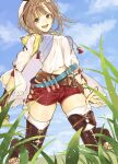  1girl :d absurdres adjusting_clothes adjusting_legwear atelier_(series) atelier_ryza atelier_ryza_1 bad_anatomy belt belt_buckle black_belt blue_belt blue_sky blue_vest blunt_bangs breasts brown_eyes brown_hair buckle cloud day grass hat highres kneeling leg_warmers light_particles long_sleeves looking_at_viewer medium_breasts medium_hair midriff_peek miquiaf open_mouth outdoors red_shorts reisalin_stout sandals shirt shorts sky smile solo strap test_tube thighhighs thighs toeless_legwear toes upper_body vest vial white_headwear white_shirt white_thighhighs 