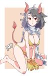 1girl animal_ears bikini breasts cleavage cow_ears cow_girl cow_tail gloves highres horns jack_(wkm74959) multicolored_hair one-hour_drawing_challenge red_eyes red_horns scale_print scales solo swimsuit tail touhou two-tone_hair ushizaki_urumi yellow_bikini yellow_gloves 
