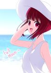  1girl absurdres arima_kana beach bob_cut breasts hat highres inverted_bob looking_at_viewer medium_breasts nm_(blue-rapid) ocean open_mouth oshi_no_ko red_eyes red_hair shirt short_hair smile solo white_headwear white_shirt 