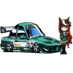  1girl animal_ears artist_name black_footwear black_thighhighs brown_hair car chibi duz english_commentary epaulettes gloves green_jacket highres horse_ears horse_tail jacket long_hair motor_vehicle multicolored_hair nismo nissan_180sx race_vehicle racecar shoes simple_background single_epaulette skirt solo spoiler_(automobile) streaked_hair symboli_rudolf_(umamusume) tail thighhighs umamusume very_long_hair web_address white_background white_gloves white_hair white_skirt 