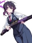  1girl absurdres black_vest blue_archive closed_eyes collared_shirt gun halo haruka_(blue_archive) haruka_(suit)_(blue_archive) highres holding holding_gun holding_weapon kame_0_0_kame long_sleeves necktie official_alternate_costume pants purple_eyes purple_hair red_necktie shirt shotgun simple_background solo vest weapon white_background white_shirt 