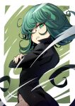  1girl black_dress commentary curly_hair dress green_background green_eyes green_hair heebee long_hair long_sleeves looking_at_viewer one-punch_man short_hair solo tatsumaki two-tone_background white_background 