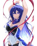  1girl absurdres ahoge armpits arms_up bare_arms bare_shoulders blue_eyes blue_hair blue_scarf breasts cleavage commentary covered_navel dress highres honkai:_star_rail honkai_(series) laughy88 long_hair looking_at_viewer medium_breasts scarf seele_(honkai:_star_rail) simple_background solo strapless strapless_dress upper_body very_long_hair white_background 
