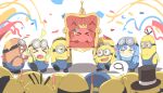  &gt;_&lt; 3girls absurdres ahoge blonde_hair blue_hair blue_overalls bocchi_the_rock! chair closed_eyes commentary_request confetti cosplay crown cube_hair_ornament despicable_me detached_ahoge goggles gotoh_hitori gotoh_hitori_(octopus) hair_ornament highres ijichi_nijika kaai_yuu kita_ikuyo minion_(despicable_me) minion_(despicable_me)_(cosplay) minions_(movie) multiple_girls multiple_others on_chair overalls red_hair simple_background standing white_background yamada_ryo yellow_eyes 