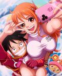  1girl 2boys :d antlers arm_around_waist arm_tattoo black_hair breasts cellphone english_commentary gloves grin headset highres holding holding_phone horns hug large_breasts leotard long_hair looking_up monkey_d._luffy multiple_boys nami_(one_piece) one_piece open_mouth orange_hair phone rakara11_(rakkarts) reindeer selfie short_hair smartphone smile tattoo teeth tony_tony_chopper v white_leotard 