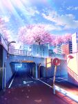  absurdres apartment blue_sky building cherry_blossoms cherry_tree cloud commentary_request day guard_rail highres light_rays no_humans original outdoors railing road road_sign scenery sign sky smile_(qd4nsvik) spring_(season) sunbeam sunlight traffic_mirror tunnel vanishing_point window 