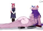  2girls ass bat_wings book demon_wings dress expressionless fallen_down flustered hat hat_ornament head_wings koakuma long_hair long_sleeves looking_at_another lying mob_cap multiple_girls necktie omikami on_floor on_side patchouli_knowledge purple_hair red_eyes red_hair red_necktie ribbon shirt simple_background standing sweatdrop touhou white_background white_shirt wings 