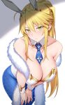  1girl absurdres animal_ears arind_yudha artoria_pendragon_(fate) artoria_pendragon_(swimsuit_ruler)_(fate) bare_shoulders blonde_hair blue_necktie blue_pantyhose blush breasts cleavage closed_mouth collarbone detached_collar fake_animal_ears fate/grand_order fate_(series) feather_boa green_eyes highres large_breasts leaning_forward leotard long_hair looking_at_viewer necktie pantyhose playboy_bunny ponytail rabbit_ears sidelocks solo white_leotard 