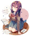  1girl blue_skirt book breasts copyright_name doki_doki_literature_club eraser_head_(boku_no_hero_academia) highres long_hair long_sleeves looking_at_viewer paper pen purple_eyes purple_hair shifumame sitting skirt solo 