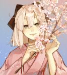  1girl black_bow bob_cut bow branch cherry_blossoms closed_mouth fate/grand_order fate_(series) gradient_background green_eyes hair_bow hands_up highres holding holding_branch japanese_clothes kimono light_particles light_smile long_sleeves looking_at_viewer medium_hair miquiaf okita_souji_(fate) okita_souji_(koha-ace) pink_kimono pink_nails purple_background solo sparkle upper_body white_hair wide_sleeves 