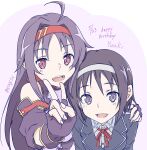  2girls :d ahoge asagi501 dated dual_persona fairy_(sao) fingerless_gloves gloves hairband hand_on_another&#039;s_shoulder happy_birthday highres jacket konno_yuuki_(sao) long_hair looking_at_viewer multiple_girls open_mouth pointy_ears purple_gloves purple_hair red_eyes red_hairband school_uniform short_hair smile sword_art_online teeth twitter_username upper_body v white_hairband yuuki_(sao) 