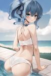  1girl absurdres ass bare_shoulders bikini blue_eyes blue_hair blush from_behind highres hololive hoshimachi_suisei looking_at_viewer looking_back open_mouth poolside scarlet_(wv0102) side-tie_bikini_bottom side_ponytail solo swimsuit v-shaped_eyebrows virtual_youtuber wavy_hair white_bikini 