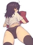  1girl ass black_hair black_thighhighs brown_eyes cameltoe closed_mouth commentary cowboy_shot cowlick everyntrge from_behind hair_between_eyes hugging_object looking_at_viewer looking_back median_furrow medium_hair no_pants original paid_reward_available pillow pillow_hug red_pillow shirt short_sleeves simple_background solo t-shirt thighhighs white_background white_shirt 