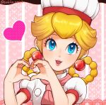  1girl :d blonde_hair blue_eyes braid chef_hat earrings hat heart heart_hands highres jewelry long_hair mario_(series) multicolored_background open_mouth pink_scarf portrait princess_peach puffy_short_sleeves puffy_sleeves sasaki_sakiko scarf short_sleeves smile solo twin_braids 