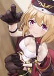  1girl absurdres arm_strap azur_lane bare_shoulders black_gloves black_straps blonde_hair blush breasts chocolate cleavage cleavage_cutout clothing_cutout covered_nipples cross dress food from_above full_body gloves hair_between_eyes hand_up hat highres holding holding_chocolate holding_food incoming_food iron_cross kotto-koto legs_together leipzig_(azur_lane) looking_at_viewer looking_up medium_breasts medium_hair nervous_smile no_bra pink_eyes sitting sleeveless sleeveless_dress smile solo thighhighs 