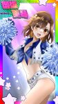  1girl blue_shirt breasts brown_eyes brown_hair card cheerleader chinese_text cleavage collared_shirt dallas_cowboys dallas_cowboys_cheerleader gacha gradient_background hair_ornament hairclip highres holding holding_pom_poms light_rays long_sleeves looking_at_viewer medium_hair misaka_mikoto navel open_mouth pom_pom_(cheerleading) purple_background rainbow_border shirt short_shorts shorts small_breasts smile solo star_(symbol) stomach tacchin_ichi-gou thighs toaru_majutsu_no_index vest white_shorts white_vest 