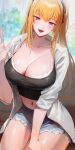  1girl :d absurdres blonde_hair blue_eyes blue_shorts breasts cleavage collarbone collared_shirt hand_up highres large_breasts long_sleeves looking_at_viewer navel open_mouth original rororo shirt short_shorts shorts sitting smile solo thighs twintails upper_body white_shirt 