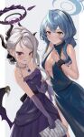  2girls :d absurdres ako_(blue_archive) ako_(dress)_(blue_archive) bare_shoulders blue_archive blue_dress blue_eyes blue_hair blush breasts cleavage commentary cuffs dress earrings elbow_gloves glaring gloves grey_hair hairband halo highres hina_(blue_archive) hina_(dress)_(blue_archive) horns jewelry kairono3jou long_hair looking_at_viewer multiple_girls purple_dress purple_eyes purple_gloves sheet_music smile wings 