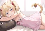  1girl alexmaster animal-shaped_pillow animal_ear_fluff animal_ears bell blonde_hair blue_eyes blush breasts cat-shaped_pillow cat_ears cat_girl cat_tail closed_mouth commentary_request dress hair_ribbon long_hair looking_at_viewer lying on_side original purple_dress red_ribbon revision ribbon small_breasts solo tail tail_bell tail_ornament tail_ribbon twintails 