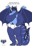 absurd_res anthro barazoku belly belly_scales blue_body blue_eyes blush briefs bulge christopher_wyvern claws clothed clothing dialogue dragon embarrassed hand_on_hip hand_on_shoulder hi_res male markings marvolk membrane_(anatomy) membranous_wings musclegut muscular mythological_creature mythological_scalie mythology nipple_fetish nipple_piercing nipples partially_clothed pecs piercing pubes scales scalie slightly_chubby slightly_chubby_male solo tail tail_markings tail_tuft thick_thighs tighty_whities tuft underwear white_briefs white_clothing white_underwear wing_claws wings