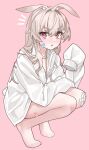  1girl animal_ears bandaid bandaid_on_cheek bandaid_on_face bandaid_on_leg barefoot blush flat_chest full_body gauze_on_knee grey_hair highres long_hair looking_at_viewer naked_shirt original parted_lips pink_background rabbit_ears rabbit_girl rabbit_tail red_eyes shiromoca shirt sleeves_past_fingers sleeves_past_wrists solo squatting tail 