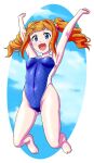  1girl arms_up barefoot blue_eyes blue_one-piece_swimsuit blue_sky breasts clenched_hands cloud commentary_request competition_swimsuit covered_navel full_body haruno_yomogi highleg highleg_swimsuit highres idolmaster long_hair looking_at_viewer one-piece_swimsuit open_mouth orange_hair sky small_breasts smile solo swimsuit takatsuki_yayoi twintails wavy_hair 