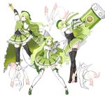  adapted_costume axe bad_id bad_pixiv_id coh corset cosplay gloves green_eyes green_hair green_skirt hammer highres kaname_madoka kaname_madoka_(cosplay) kyubey long_hair mahou_shoujo_madoka_magica pose ribbon sakura_kyouko sakura_kyouko_(cosplay) shizuki_hitomi shoes skirt thighhighs tomoe_mami tomoe_mami_(cosplay) weapon what_if white_legwear 