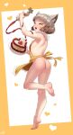  1girl :d absurdres animal_ear_fluff animal_ears apron arm_up armpits ass back barefoot born-to-die breasts brown_hair cake cat_ears cat_girl english_commentary fang food full_body heart highres holding holding_food kneepits leg_up looking_at_viewer looking_back naked_apron nia_(xenoblade) nude open_mouth short_hair small_breasts smile soles solo tiptoes toes two-tone_background valentine white_background xenoblade_chronicles_(series) xenoblade_chronicles_2 yellow_apron yellow_background yellow_eyes 