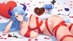  1girl animal_ears blue_eyes blue_hair breasts cow_ears cow_girl cow_horns cow_tail english_commentary flower heart highres horns huge_breasts indie_virtual_youtuber long_hair looking_at_viewer miilkywayz navel nhaliz petals red_flower red_ribbon ribbon rose smile solo tail valentine virtual_youtuber 