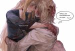  2girls blonde_hair blood blood_in_hair blood_on_clothes blood_on_hands blush choker commentary couple dungeon_meshi elf english_text eye_contact falin_thorden highres hug injury kim_srm long_hair looking_at_another marcille_donato multiple_girls parted_lips patreon_username pointy_ears red_choker short_hair simple_background symbol-only_commentary thought_bubble white_background yuri 