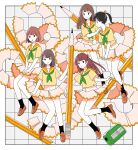  4girls black_hair brown_hair flat_color green_neckerchief highres holding holding_pencil loafers long_hair looking_at_viewer medium_hair multiple_girls navel neckerchief no_pants original pencil pencil_sharpener satou_odori school_uniform serafuku shoes smile socks 