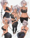  1girl alternate_costume alternate_hairstyle ass barefoot black_nails black_pants black_sports_bra breasts brown_eyes cleavage clothes_pull commentary_request dark-skinned_female dark_skin highres kantai_collection kasumi_(skchkko) large_breasts long_hair looking_at_viewer low_ponytail multiple_views musashi_(kancolle) nail_polish pants pants_pull ponytail simple_background sports_bra stretching sweat tight_clothes tight_pants toenail_polish toenails translation_request very_long_hair yoga_pants 