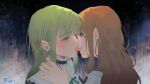  2girls absurdres bang_dream! bang_dream!_it&#039;s_mygo!!!!! biting_tongue black_background black_choker blush brown_hair chinese_commentary choker commentary_request dated french_kiss frilled_choker frills green_hair green_ribbon grey_background hand_on_another&#039;s_neck highres kiss long_hair looking_at_another multiple_girls nagasaki_soyo neck_ribbon ribbon sailor_collar saliva school_uniform smile tongue tongue_out tsukinomori_school_uniform upper_body wakaba_mutsumi white_sailor_collar yellow_eyes yuan_shuang yuri 