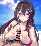  !? 1boy 1girl ? ayagi_daifuku azki_(4th_costume)_(hololive) azki_(hololive) bar_censor beach bikini black_hair blurry blurry_background blush bracelet breasts censored colored_inner_hair cum cum_on_body cum_on_breasts hair_between_eyes hair_intakes hair_ornament hetero highres hololive hololive_summer_2023_swimsuit jewelry medium_breasts multicolored_hair naizuri nipples paizuri penis pink_hair pov purple_eyes solo_focus streaked_hair sweat sweatdrop swimsuit virtual_youtuber white_hair 