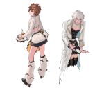  2boys ahoge apron back_cutout bishounen black_dress blue_eyes borrowed_clothes breasts brown_hair cereu57 cleavage cleavage_cutout clothing_cutout coffee cosplay costume_switch cropped_jacket crossdressing dress english_commentary fediel_(granblue_fantasy) from_behind galleon_(granblue_fantasy) garter_belt granblue_fantasy hair_between_eyes high_heels highres holding holding_tray invisible_table leaning_forward looking_back lucifer_(shingeki_no_bahamut) male_focus messy_hair multiple_boys red_eyes ribbed_dress sandalphon_(granblue_fantasy) short_hair sketch tray turtleneck waist_apron white_background white_hair 