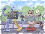 2024 anthro biped brown_body clothing detailed_background duo exclamation_point garfchancla hi_res humanoid_hands machine male mammal open_mouth outside procyonid raccoon rascal_(robot_dreams) robot robot_(robot_dreams) robot_dreams shirt slightly_chubby smile topwear