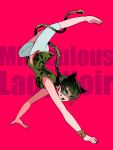  1girl animal_ears barefoot black_hair black_mask bracelet braid cat_ears cat_girl chinese_clothes green_eyes highres jewelry lady_noir long_hair marinette_dupain-cheng mask mask_on_head miraculous_ladybug open_mouth pants single_braid slit_pupils solo uneko_anime white_pants 