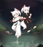  2girls :d absurdres animal_ear_fluff barefoot belt black_belt black_pants bush chinese_commentary clenched_hand commentary_request dougi fang fox_girl fox_tail full_body highres kuma-bound martial_arts_belt midair multiple_girls open_mouth original outdoors pants red_belt reflection rock siblings smile standing standing_on_liquid standing_on_one_leg tail toes twins twintails water white_pants yellow_eyes 