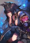  1girl animal_ears black_dress black_hair breasts cleavage dress earrings granblue_fantasy hinoru_saikusa jewelry large_breasts long_hair nier_(granblue_fantasy) red_eyes solo 