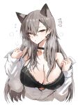  1girl animal_ears arknights black_bra black_choker bra breasts choker cleavage commentary_request extra_ears grey_hair heavy_breathing highres horn/wood large_breasts long_hair long_sleeves looking_at_viewer mole_above_eye partially_unbuttoned penance_(arknights) puffy_long_sleeves puffy_sleeves shirt simple_background sleeves_past_wrists solo tail underwear upper_body white_background white_shirt wolf_ears wolf_tail yellow_eyes 