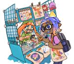 2024 blue_eyes booth cephalopod clothed clothing digital_drawing_(artwork) digital_media_(artwork) duo eyewear fully_clothed gesture glasses green_eyes hand_gesture hi_res holding_object hoodie inkling marine mollusk nintendo not_furry open_mouth open_smile pointing shopping signature smile splatoon theblueberrycarrots topwear