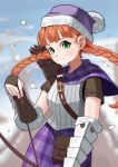  1girl absurdres arrow_(projectile) blurry blurry_background bow_(weapon) braid closed_mouth commentary fur-trimmed_headwear fur_trim green_eyes highres hkgpikachu holding holding_arrow holding_bow_(weapon) holding_weapon long_hair looking_at_viewer orange_hair outdoors purple_hat quiver smile snowing solo standing twin_braids unicorn_overlord weapon yunifi_(unicorn_overlord) 