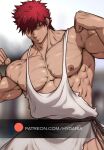  1boy abs ancient_greek_clothes bara bare_pectorals biceps clenched_hands cowboy_shot fighting_stance greco-roman_clothes hydaria large_pectorals looking_at_viewer magi_the_labyrinth_of_magic male_focus masrur muscular muscular_male nipples obliques paid_reward_available pectorals red_hair shaded_face short_hair shredded_muscles sideburns sideways_glance solo standing torn_clothes watermark 