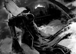  1girl breasts cityscape commentary covered_face dress ender_magnolia_bloom_in_the_mist facing_viewer gloves greyscale holding holding_scythe ichiren_takushou large_breasts mask monochrome night scythe sky smoke solo spirit_reaper_(ender_magnolia) steampunk veil 