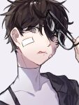  1boy amamiya_ren bandaid bandaid_on_face black_hair bruise bruise_on_face caddy_cyd commentary glasses grey_eyes hair_between_eyes highres holding holding_removed_eyewear injury jacket looking_at_viewer male_focus messy_hair persona persona_5 portrait school_uniform short_hair solo tongue tongue_out unworn_eyewear white_background 