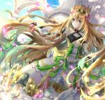  1girl bare_shoulders blonde_hair bow breasts butterfly_hair_ornament celine_(fire_emblem) crown dress dress_bow fire_emblem fire_emblem_engage flower green_eyes hair_between_eyes hair_flower hair_ornament long_hair looking_to_the_side outstretched_hand parted_lips petals signature small_breasts solo very_long_hair wrist_bow yuyu_(spika) 